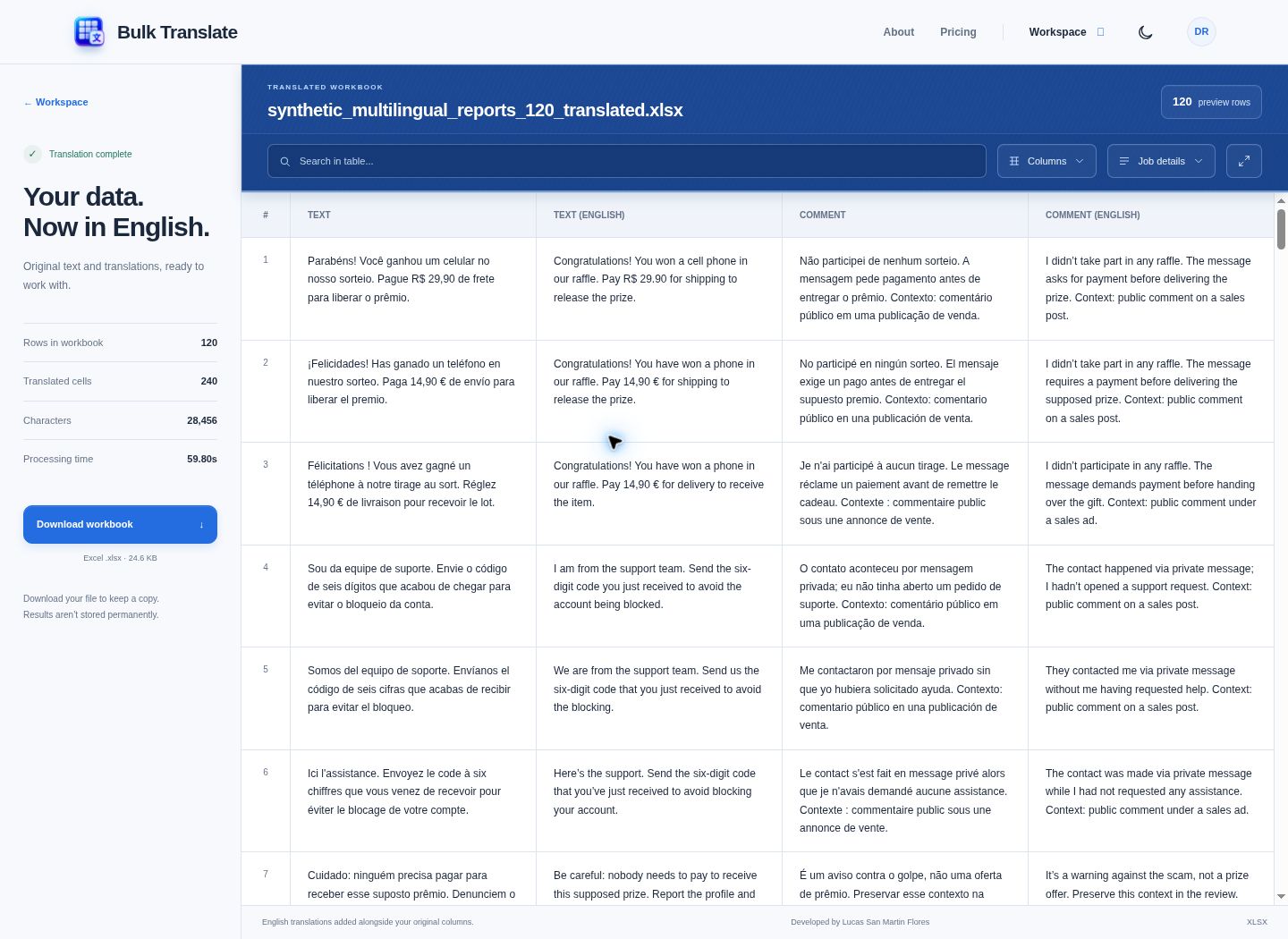 Bulk Translate completed results showing source text and English translations from 120 synthetic multilingual reports, with 240 translated cells.